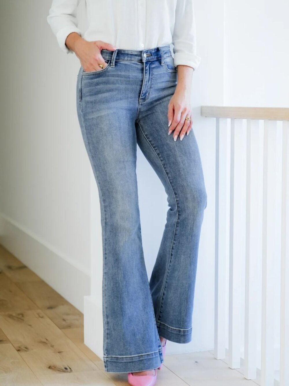 Judy Blue Trouser Flare Jeans Mid-Rise Medium Wash 3/26 Western Denim Tall Girl - Picture 2 of 9